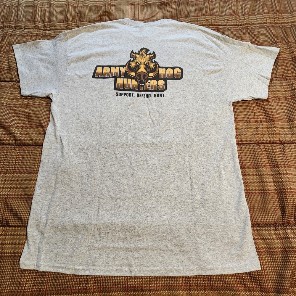 Army Hog Hunters Graphic T-Shirt XL Mens Grey Double Sided Gildan Dry Blend NWOT - Picture 7 of 7